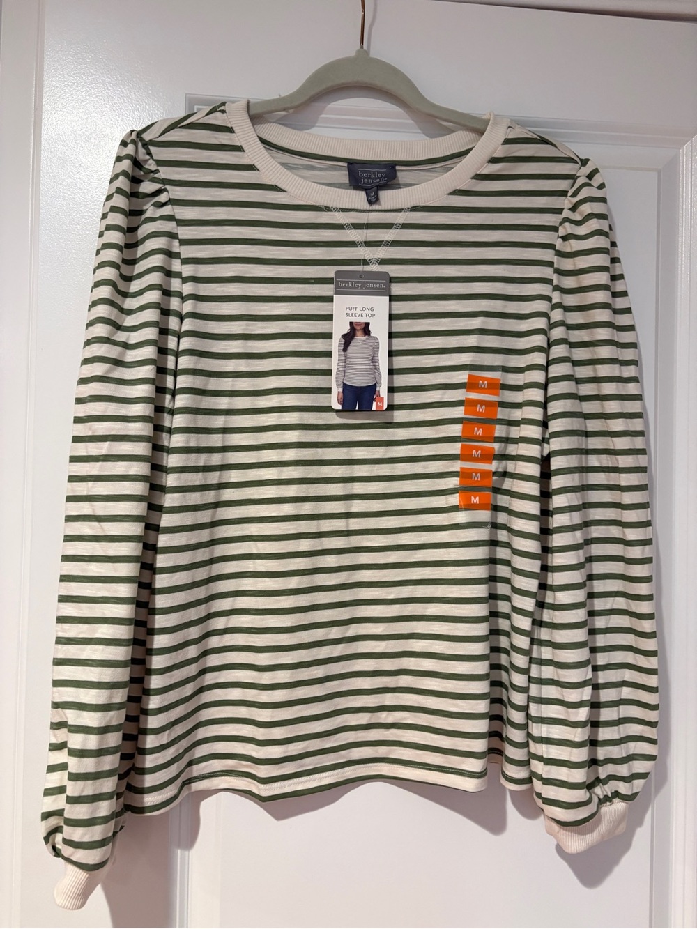 Women’s Green & White Striped Puff Sleeve Top